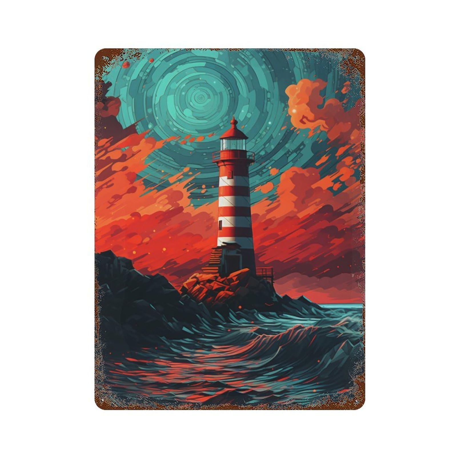 Stormy Lighthouse Painting 15.7"x11.8" Vintage Metal Tin Sign, Shabby Chic Decor for Office, Studio And Wall Decor
