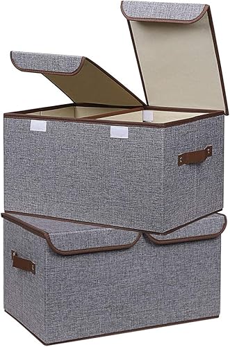 UUJOLY Contenedores grandes de almacenamiento plegables de tela de lino, cajas de almacenamiento con tapa y asas para el hogar, oficina, armario,
