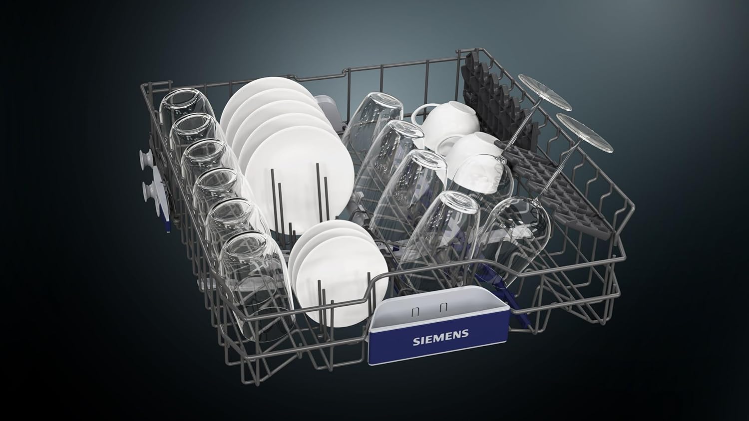 Lower rack of Siemens iQ300 Dishwasher loaded with plates and glasses.
