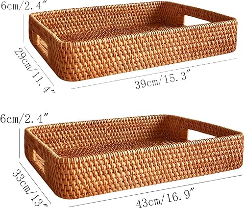 Miniatura 9 de i-lan Paquete de 2 bandejas de mimbre natural profundo de gran tamaño con asas y pared de 2.3 pulgadas, bandeja rectangular de oficina de ratán de