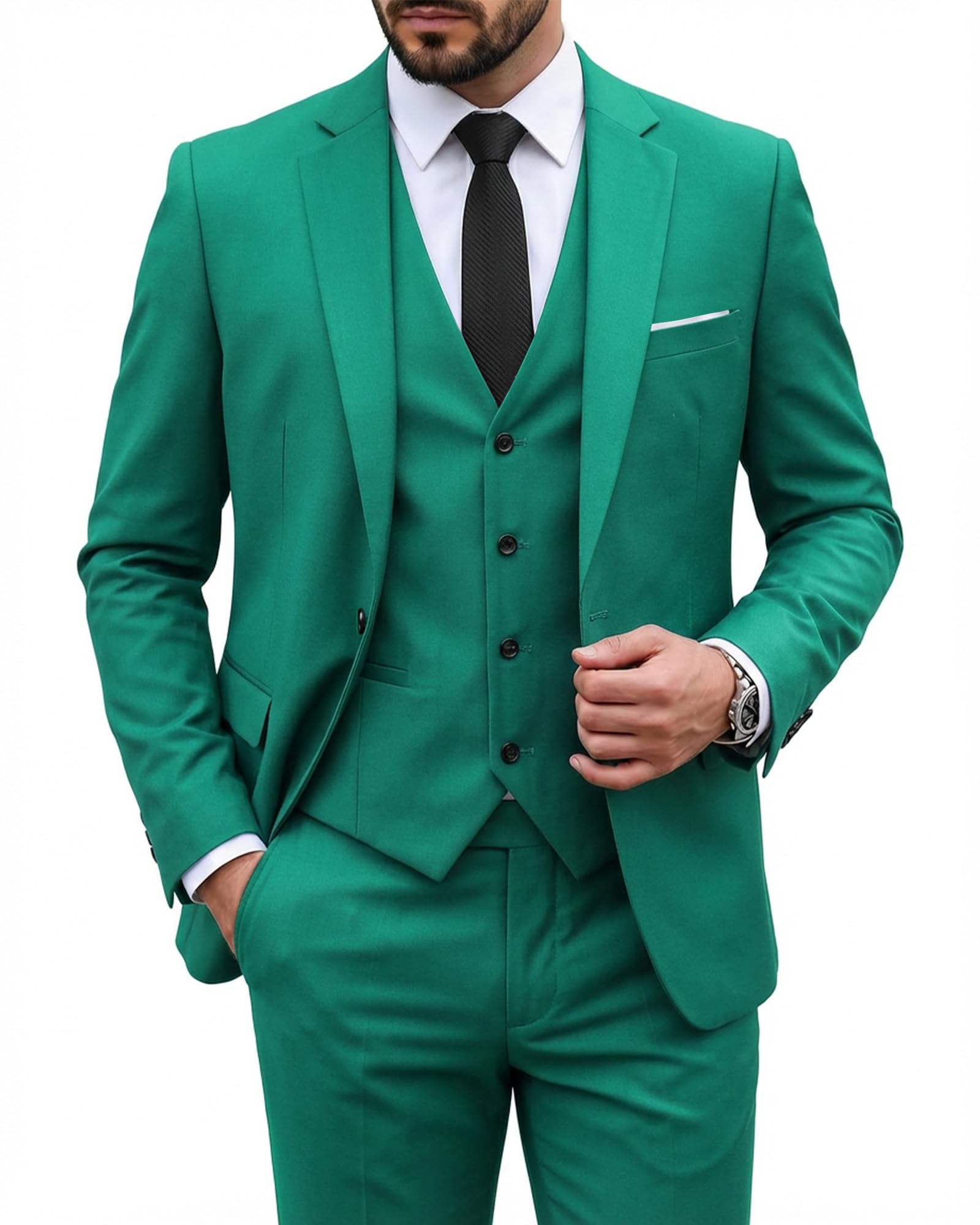 my's Men's 3 Piece Suit Blazer Slim Fit One Button Notch Lapel Dress Business Wedding Party Jacket Vest Pants & Tie Set Green-picture-30