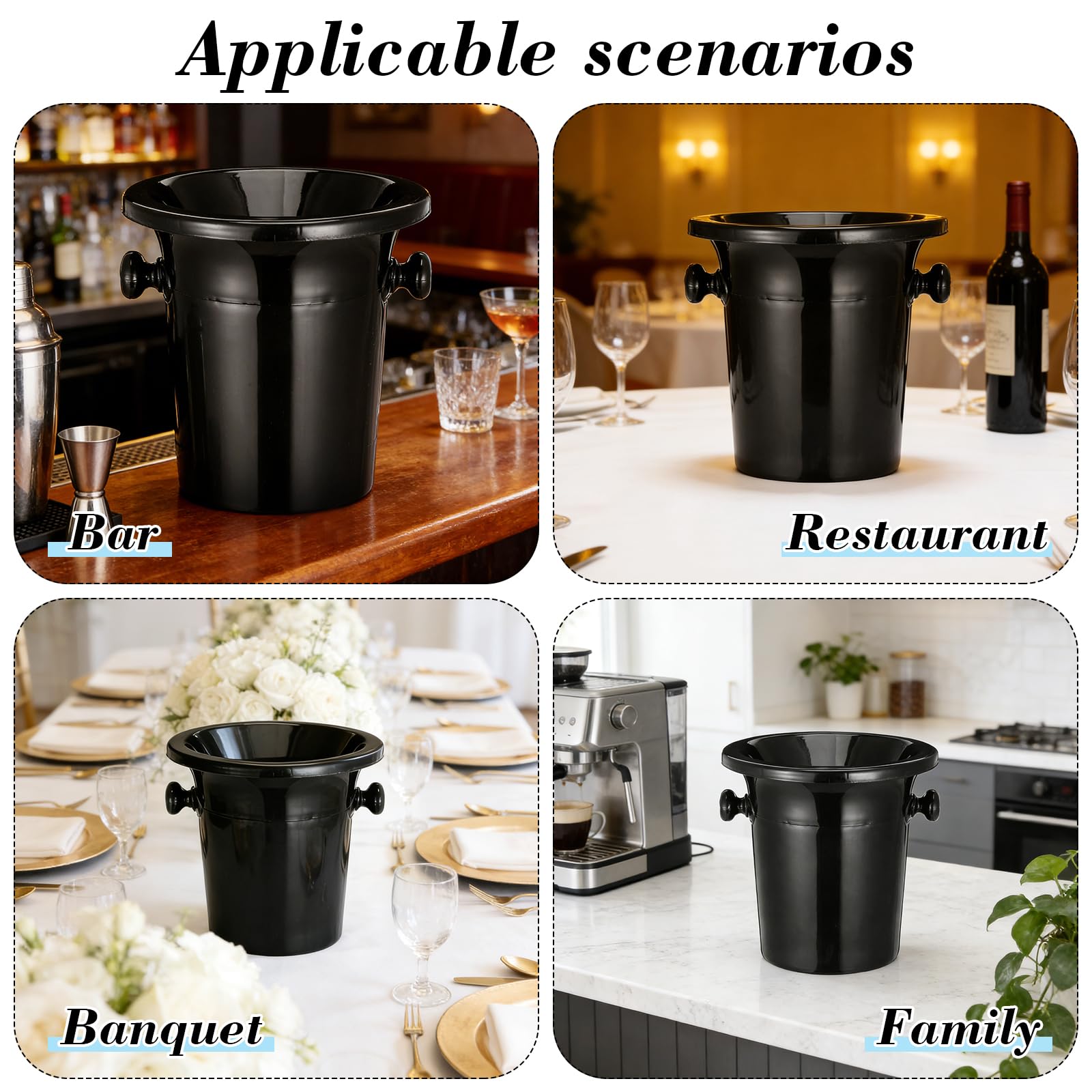Cubos de Hielo para Vino Occidentales de Plástico Negro, Escupideras Redondas Asas Dobles, Paquete de 4 Unidades para Cata y Barra de Bar