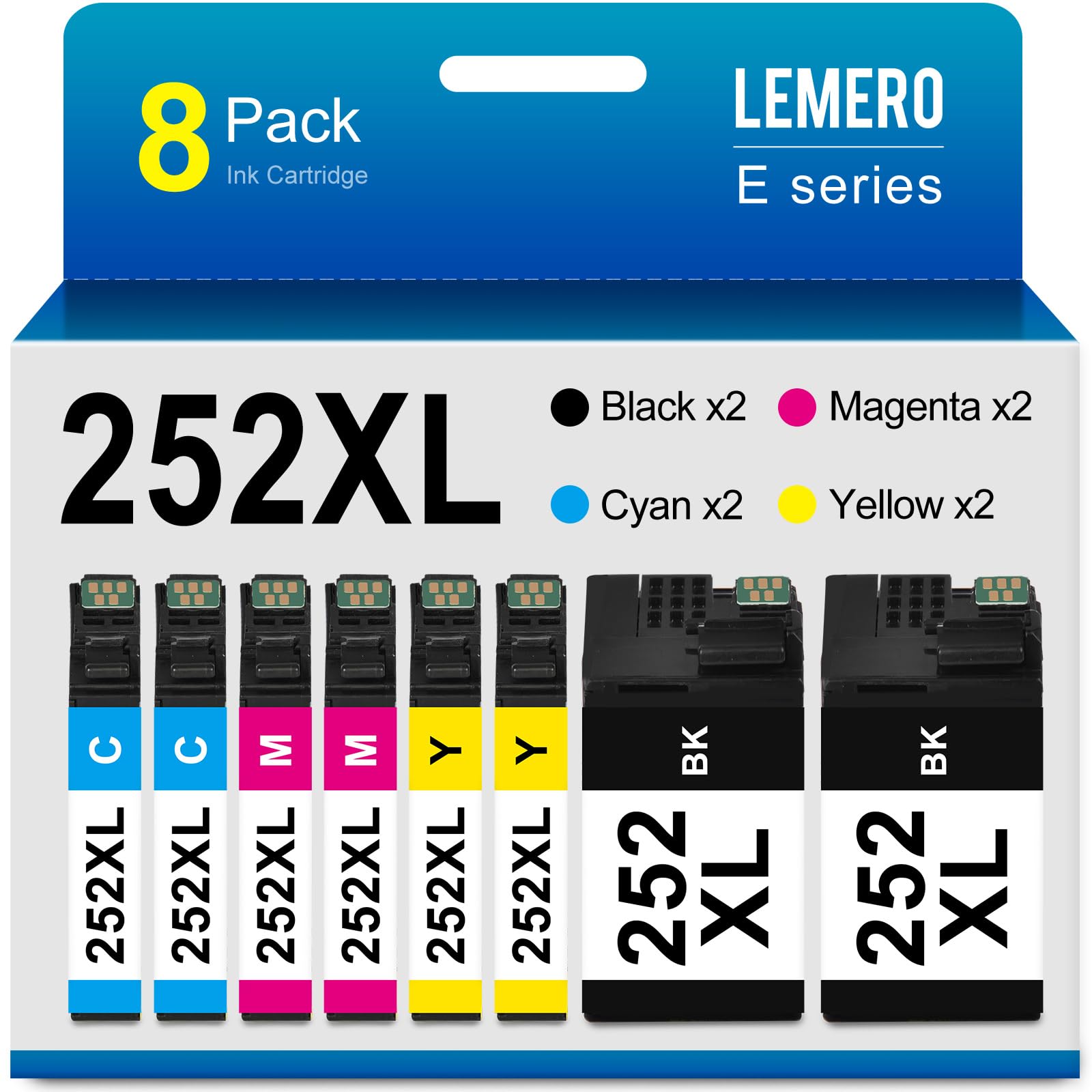 LEMERO Remanufactured Ink Cartridges Replacement for Epson 252 XL 252XL T252XL to use with Workforce WF-7710 WF-7720 WF-3640 WF-3620 WF-7620 WF-7210 (2 Black, 2 Cyan, 2 Magenta, 2 Yellow, 8-Pack)
