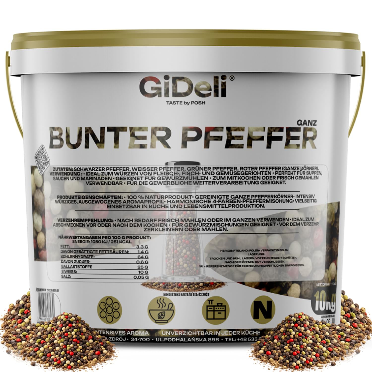 GiDeli Bunter Pfeffer Ganz 10kg im Eimer - Aromatische Schwarze, Weiße, Rote und Grüne Pfefferkörner - Für Pfeffermühle und Mörser - Universell Einsetzbar - 100% Naturrein ohne Zusätze