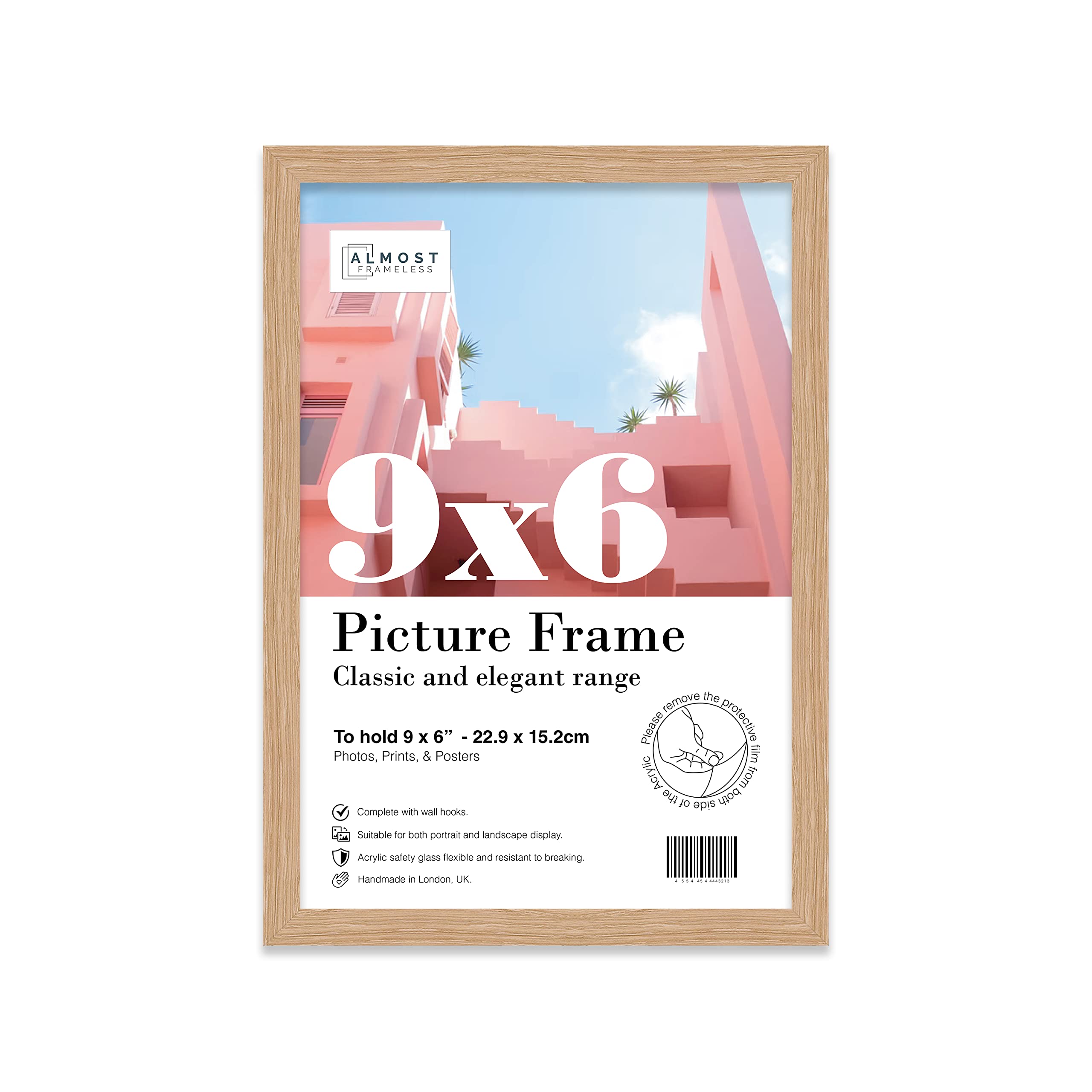 Almost Frameless 9x6 Oak Picture Frame 9"x6"(22.9x15.2cm) Poster, Photo, Artwork, or Print. Thin Edge Slim Frame Portrait and Landscape Display with Wall Hooks