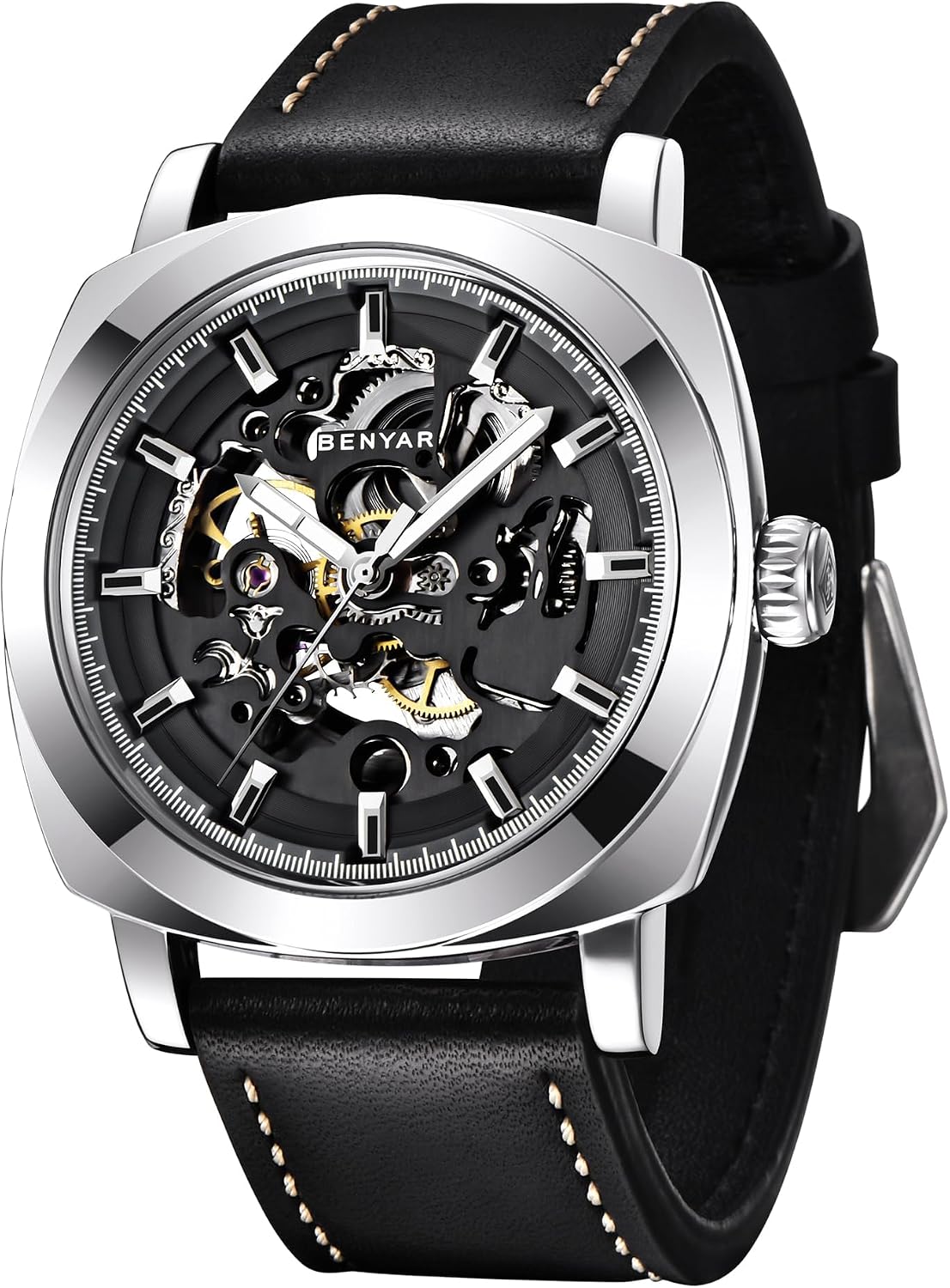 BENYAR Men’s Mechanical Automatic Watch | Leather Strap | Gold Movement | 45mm Skeleton Dial | Water Resistant and Scratch Resistant Stylish Gift