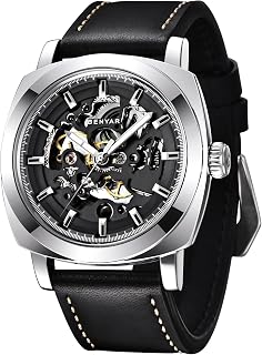 Men's Mechanical Automatic Watch | Leather Strap | Gold Movement | 45mm Skeleton Dial | Water Resistant and Scratch Resistant Stylish Gift