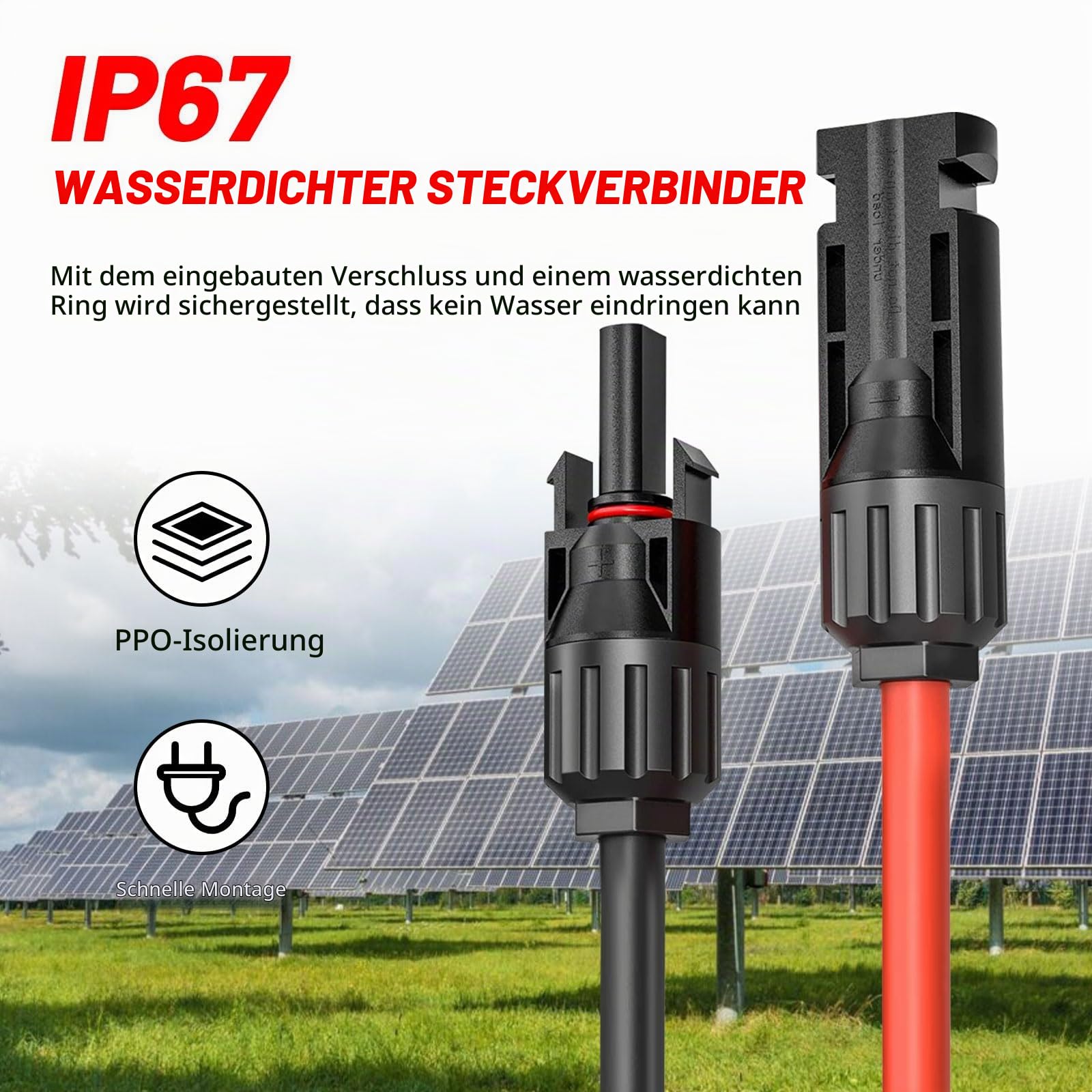 Solarkabel6mm²/ Verlängerung 20M – UV-beständig, TUV, VDE Zertifiziert, mit Solarsteckern, für Photovoltaikanlagen (Rot/Schwarz)(4mm²2M) (6mm²/20m)