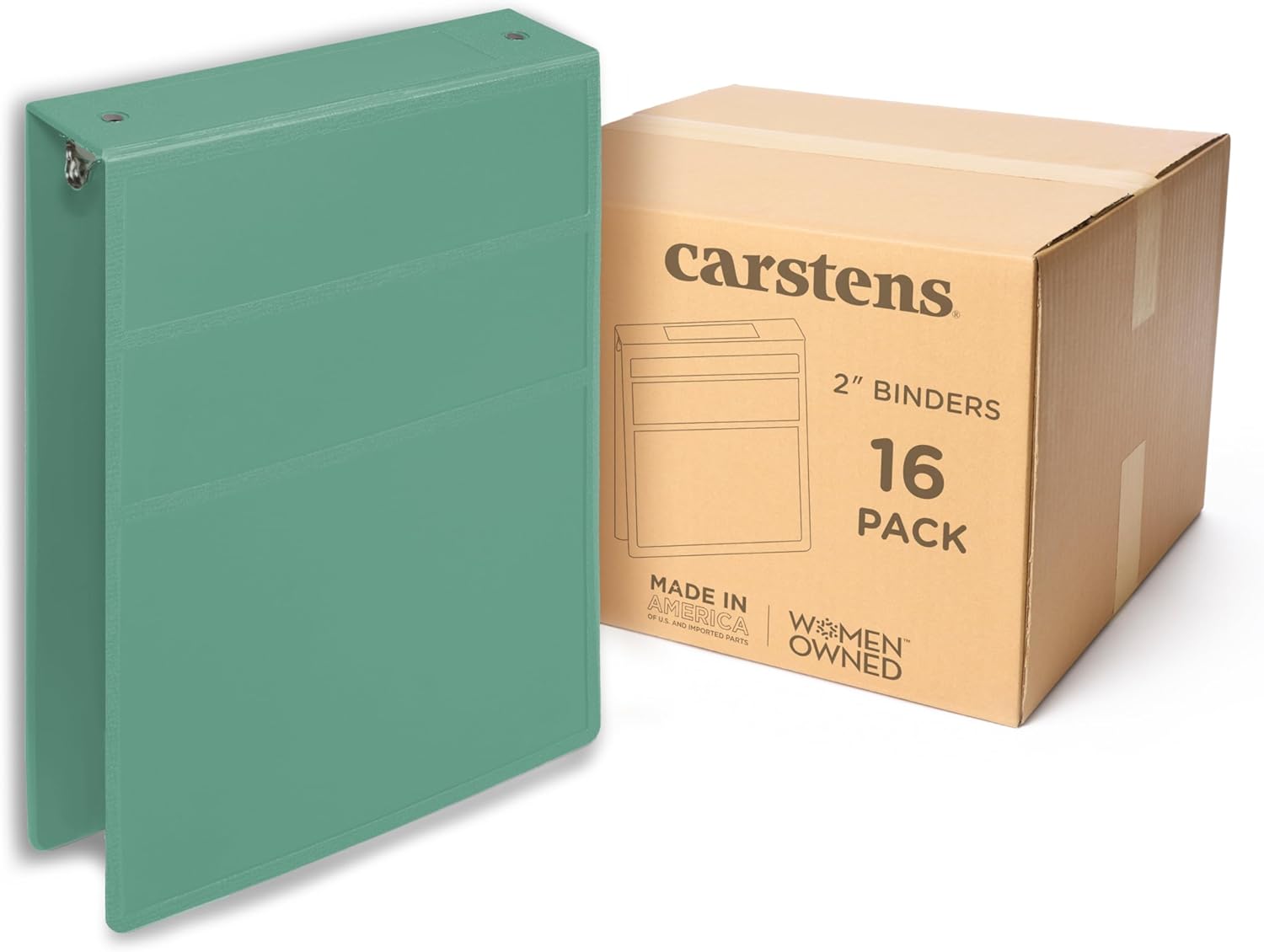 Carstens 2-Inch Heavy Duty 3-Ring Binder - Top Opening, Mint, Durable Plastic, No-Gap Rings, Waterproof Cover, No Pockets, Holds 300 US Letter Sheets, BPA-Free, Made in USA (2877-3R), Case of 16