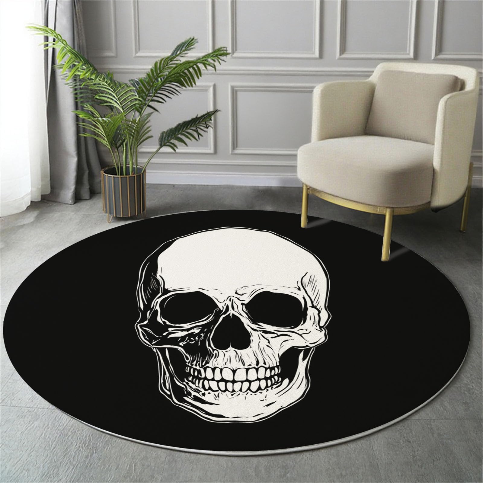 Tapis rond crâne blanc noir anthracite doux lavable chambre salon 100cm