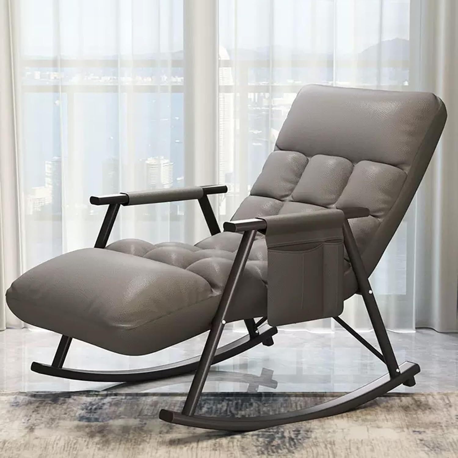 Modern Grey Upholstered Rocking Chair with Armrests - Comfortable Lounge Chair for Patio & Balcony, Features Side Pockets for Convenience - Stylish Rocking Chair for Home Decor