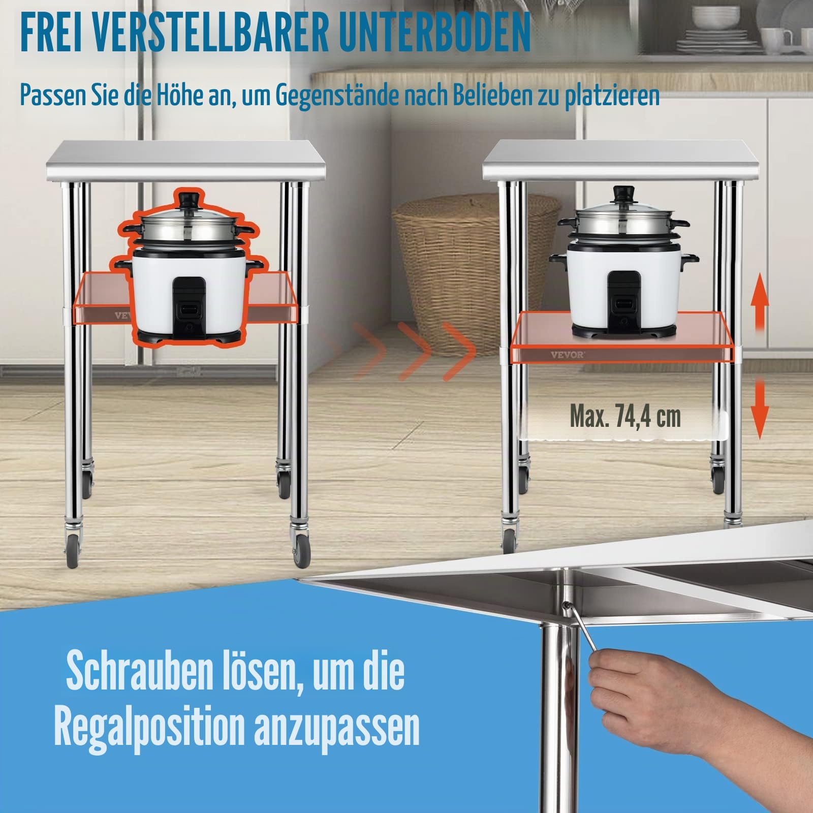 VEVOR Kommerzieller Edelstahltisch 61 x 61 x 91,4 cm, Rollbarer Zweilagiger Arbeitstisch Zerlegetisch Gastro 181,4 kg + 91 kg Tragfähigkeit, Gewerbe Küchentisch, Zubereitungstisch Küchenmöbel