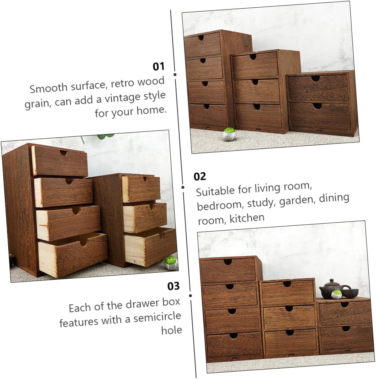 Wooden Multi-layer Storage Drawer Box with Three Pull Shelves Retro Desktop Organizer with Semicircle Handles Brown Wood Grain Texture for Home Office Accessories