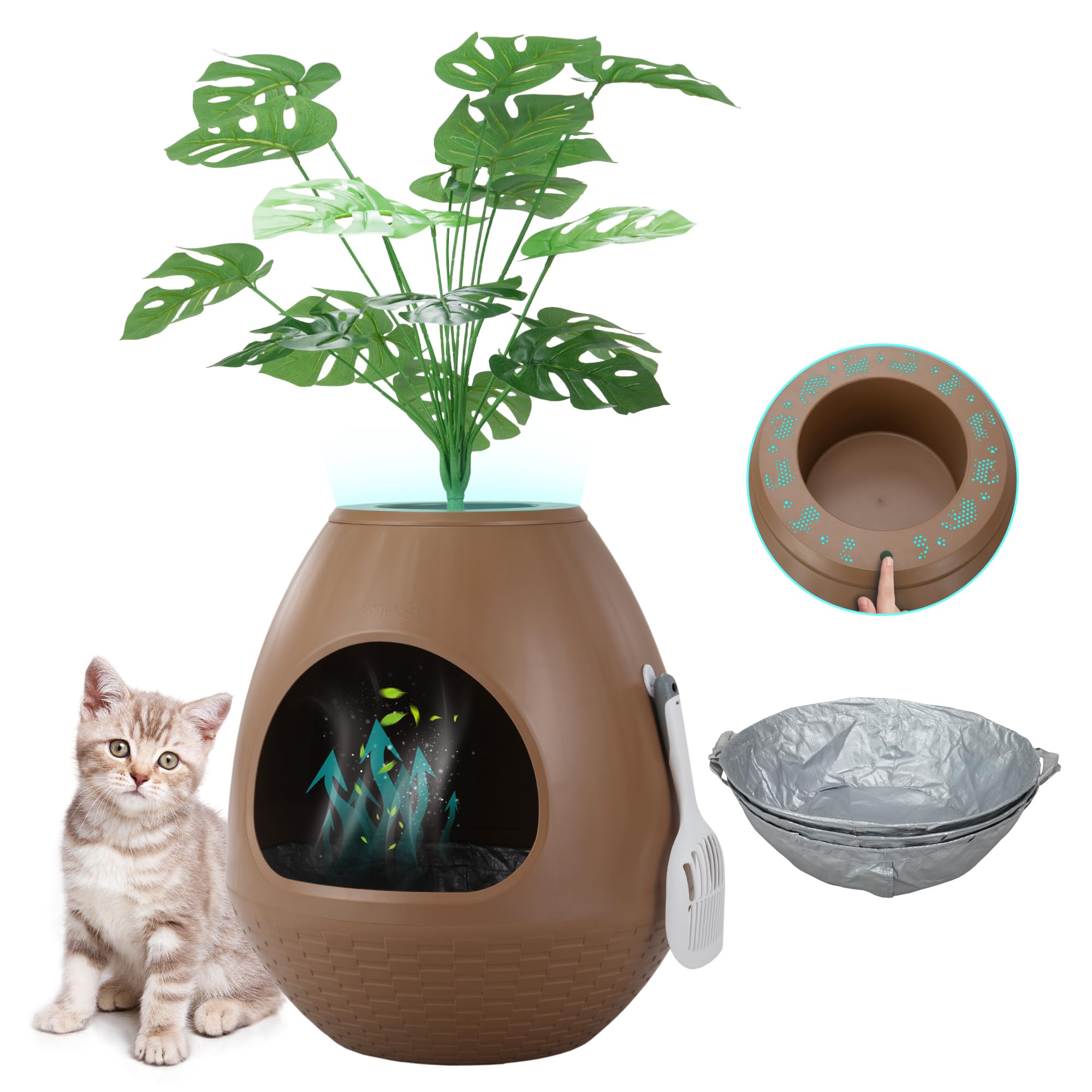 Eggloa6 Hidden Cat Litter Box with Artificial Plants - Egg-Shaped Enclosure with Odor Removal Includes Scoop ＆3PCS Liners Secret, Discreet Furniture, DIY Assembly Cat Litter Box Cabinet (Brown)