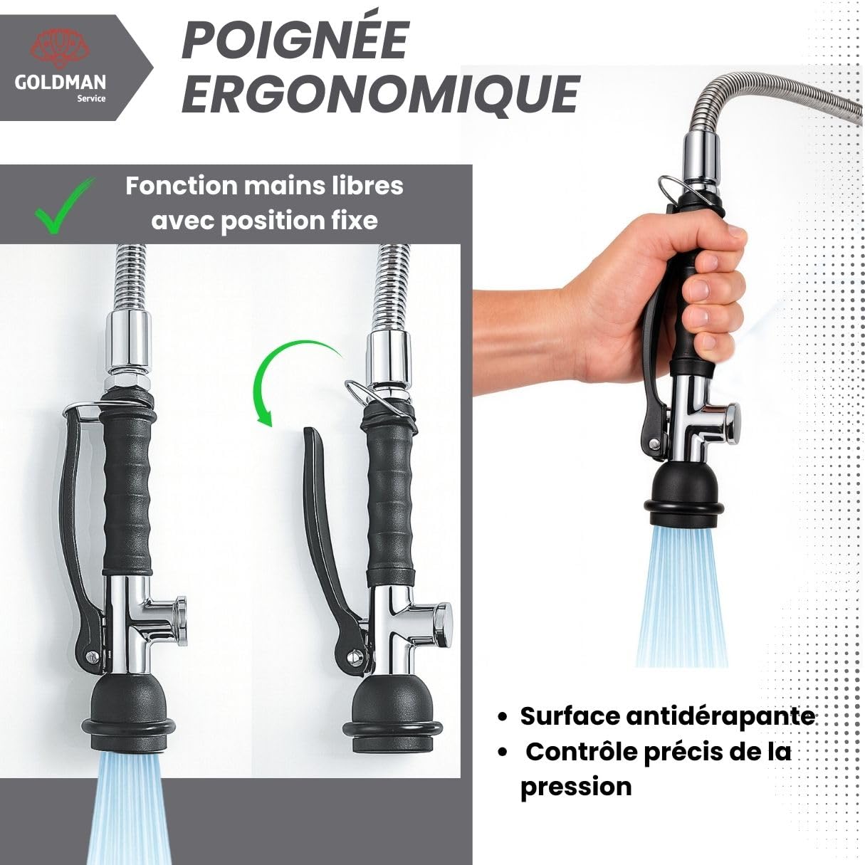 GOLDMAN SERVICE | Robinet pulvérisateur professionnel pour évier cuisine industrielle et domestique | Manche ergonomique Eco Saver | Tête de pulvérisation en acier inoxydable hôtellerie restaurants
