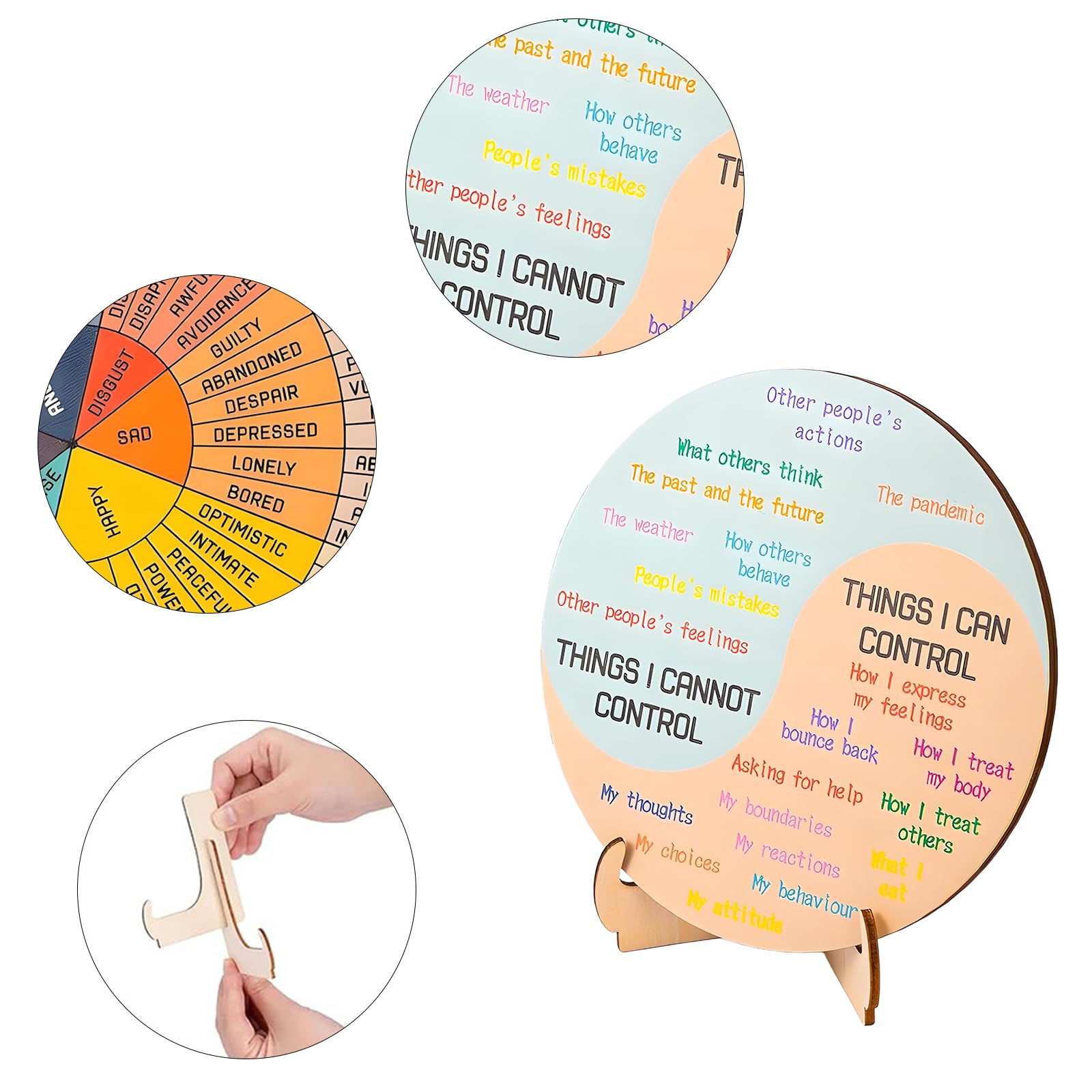 Feelings Wheel, Emotion Wheel for Adults with Stand Double-Sided Mental Health Wooden Emotion Chart - Image 3