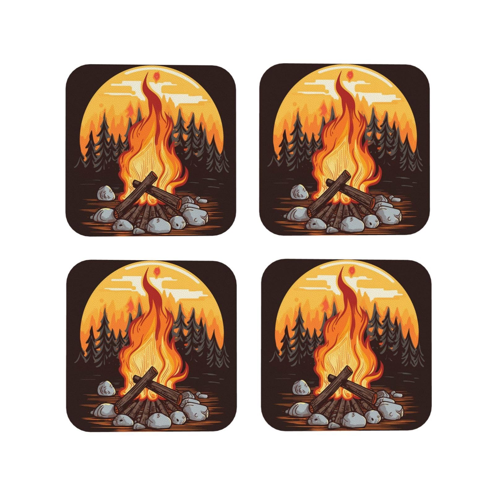 4Pcs PU Leather Coaster for Drinks, Bonfire Cup Coastersr 4" Cup Mat Pad, Aesthetic Drink Coasters for Coffee Table, Square Coaster for Tabletop Protection
