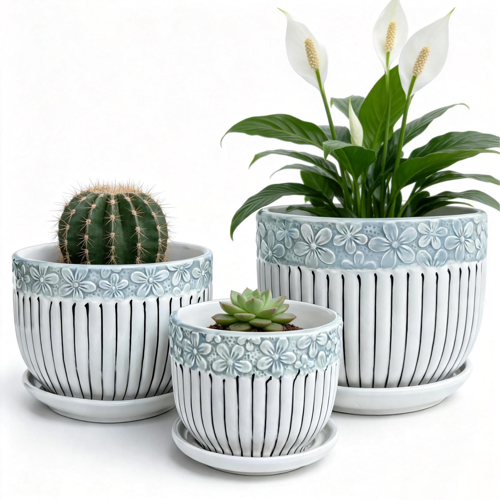 Vintage Flower Pots for Indoor Plant, Round Ceramic Plant Pots with Drainage Holes and Saucers, 6.7/5.2/3.9 Inches Retro Flower Planters Set of 3