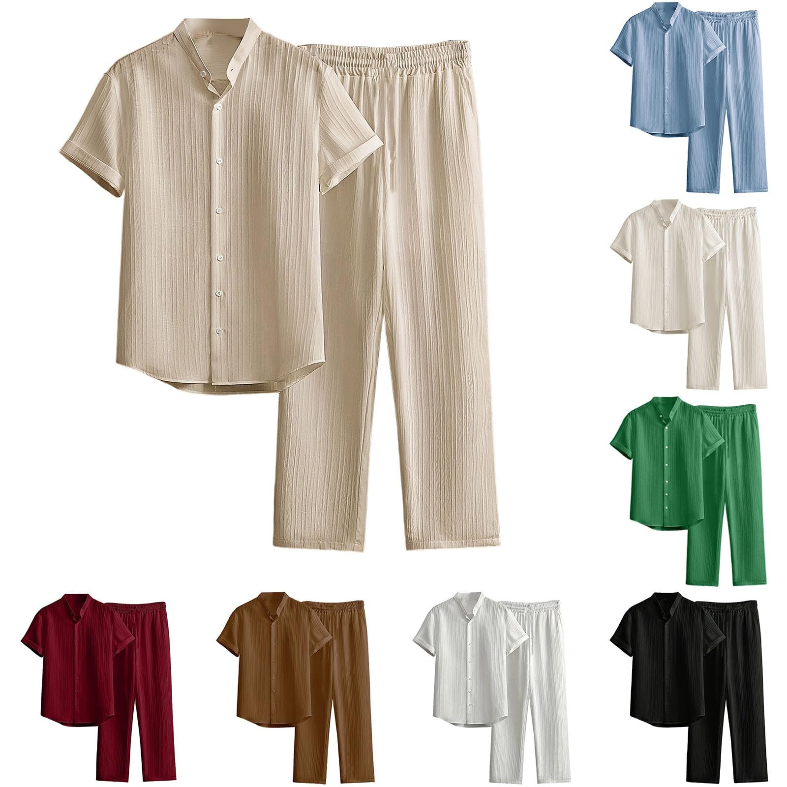 Combinaison de loisirs d'été pour homme - Chemise à manches courtes + pantalon long - Tenue de plage légère et ample - Chemise à manches courtes et pantalon en tissu - Ensemble décontracté 2 pièces