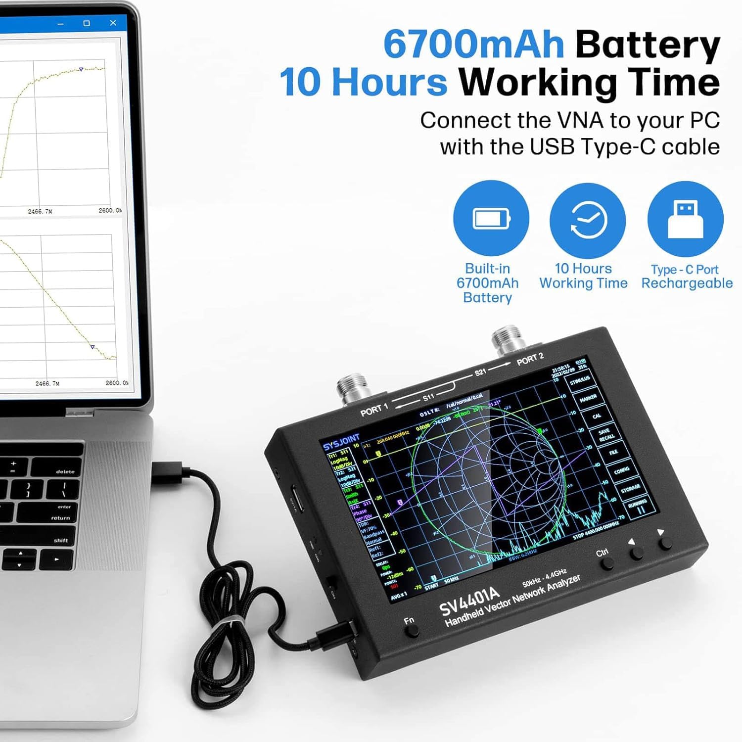 SV4401A Vektornetzwerkanalysator, Antennenanalysator 50 kHz–4,4 GHz, mit 6700-mAh-Akku und 8 GB Speicher, Messung von VHF und UHF-Messungen von S-Parametern, SWR, Phasenwinkel