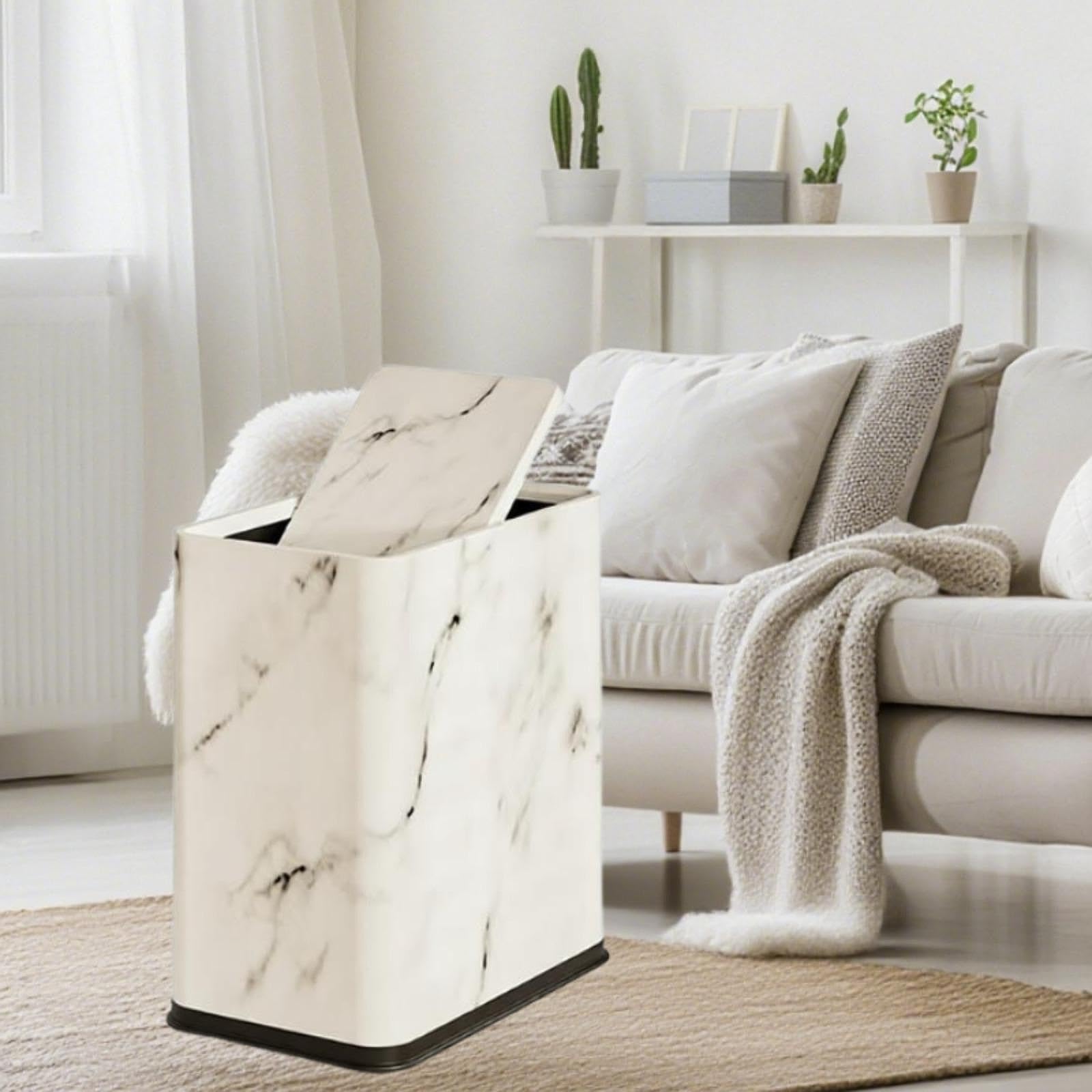 Cubo de Basura de Baño con Tapa Tipo Prensa, Cubo de Basura Delgado, Cubo de Basura Doméstico, Blanco, Individual