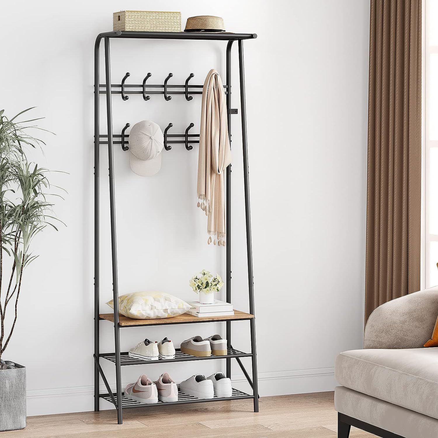 Litake Garderobenständer Kleiderständer mit Schuhbank, Garderobe Kleiderständer Stabil mit 3 Ablagen und 10 Haken, 4-in-1 Design