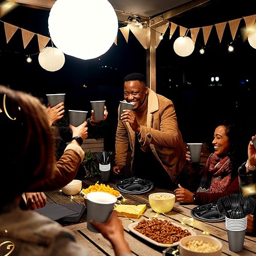 Miniatura 7 de Sieral 200 piezas de suministros de fiesta para 25 invitados, kits de vajilla desechable con platos de papel, vasos, servilletas, cubiertos y