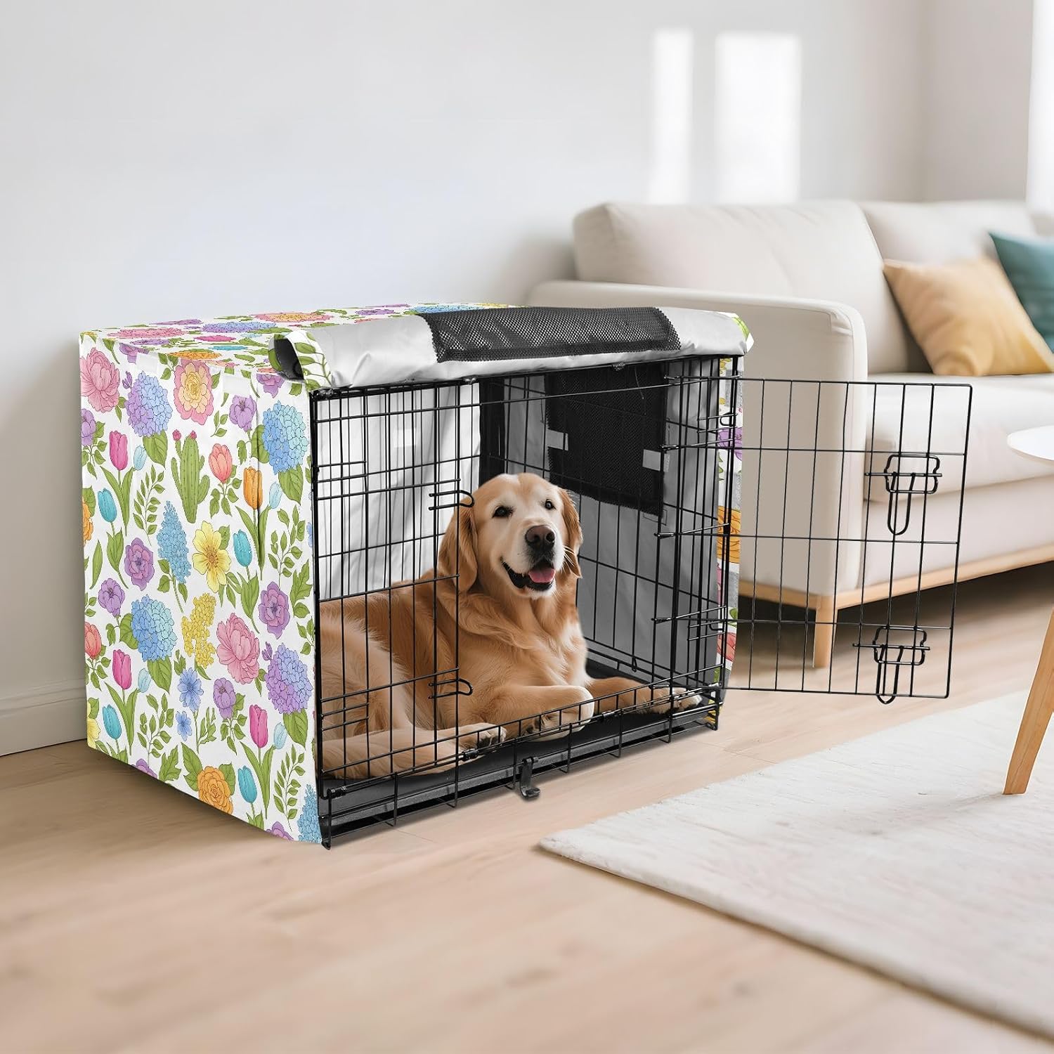 Summer Garden Flowers Dog Crate Cover 600D Oxford Pet Kennel Cover with Mesh Window for Dog Cages, Windproof Waterproof Machine Washable, 42"x28"x30"