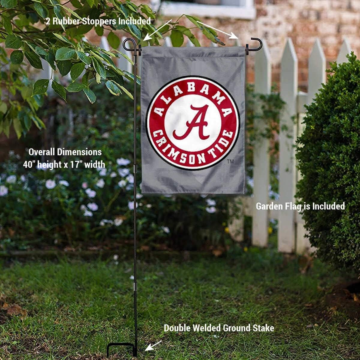 College Flags & Banners Co. Alabama Crimson Tide Gray Garden Flag and USA Flag Stand Pole Holder Set
