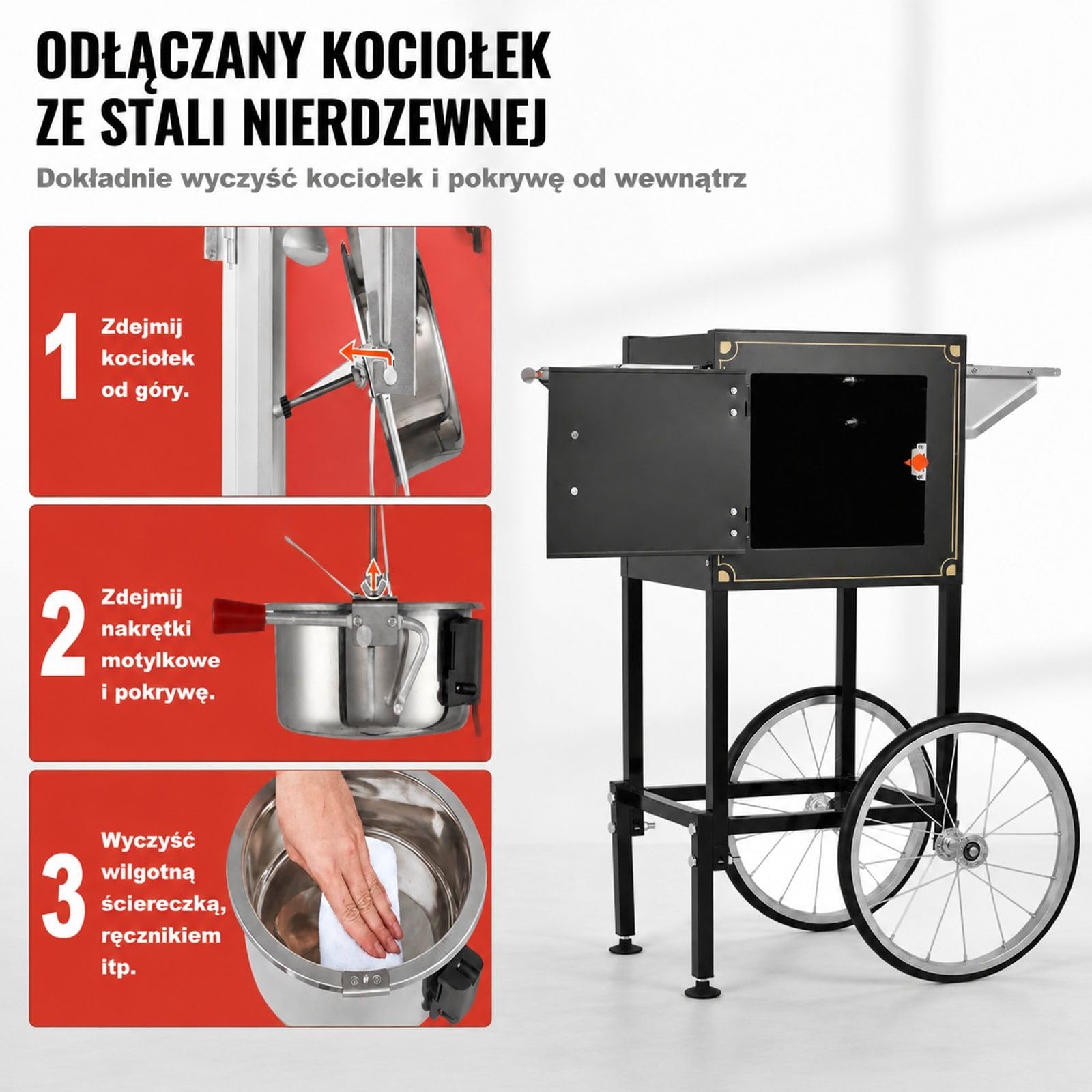 Maszyna do popcornu z wózkiem, 850 W, kociołek 8 oz na 48 filiżanek załadunku, hartowane szkło, czarna, 4 gałki, zastosowanie kinowe, restauracyjne, imprezowe