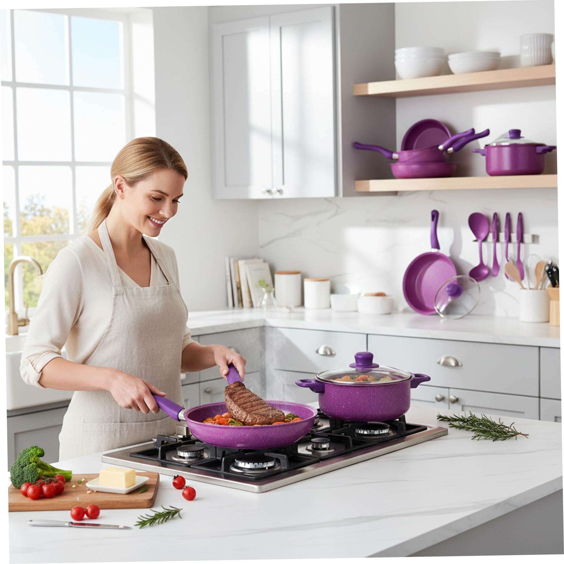 Set di Pentole Antiaderenti, Set di Pentole Antiaderenti da 13 Pezzi, E Padelle con Padella, Pentola per Il Latte E Utensili per La Cucina Casalinga, Viola
