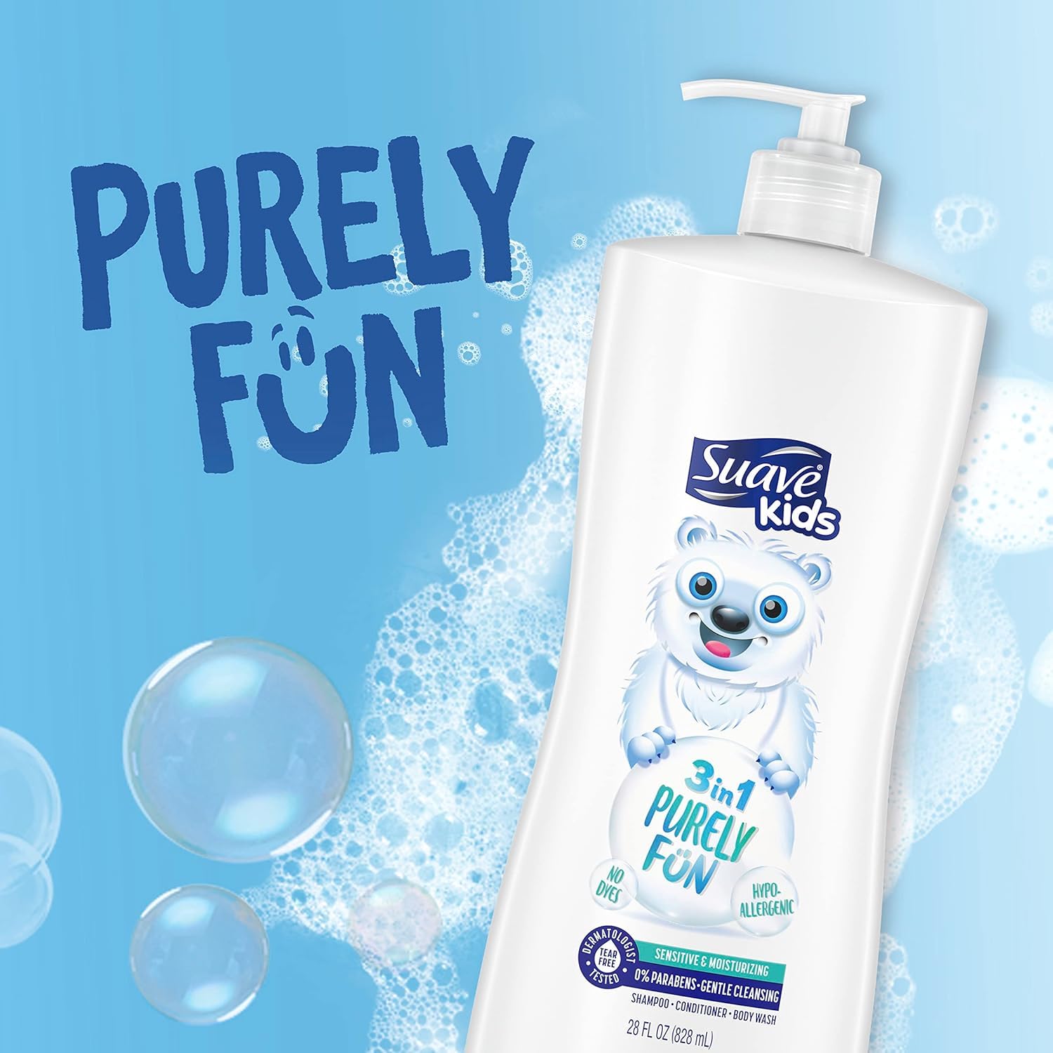 Suave 3-in-1 Kids Shampoo and Conditioner, Purely Fun Body Wash Makes Bath Time Quick and Easy, Paraben-Free and Dermatologist Tested, Kids Shampoo, 3-in-1 Formula, 828ml 1