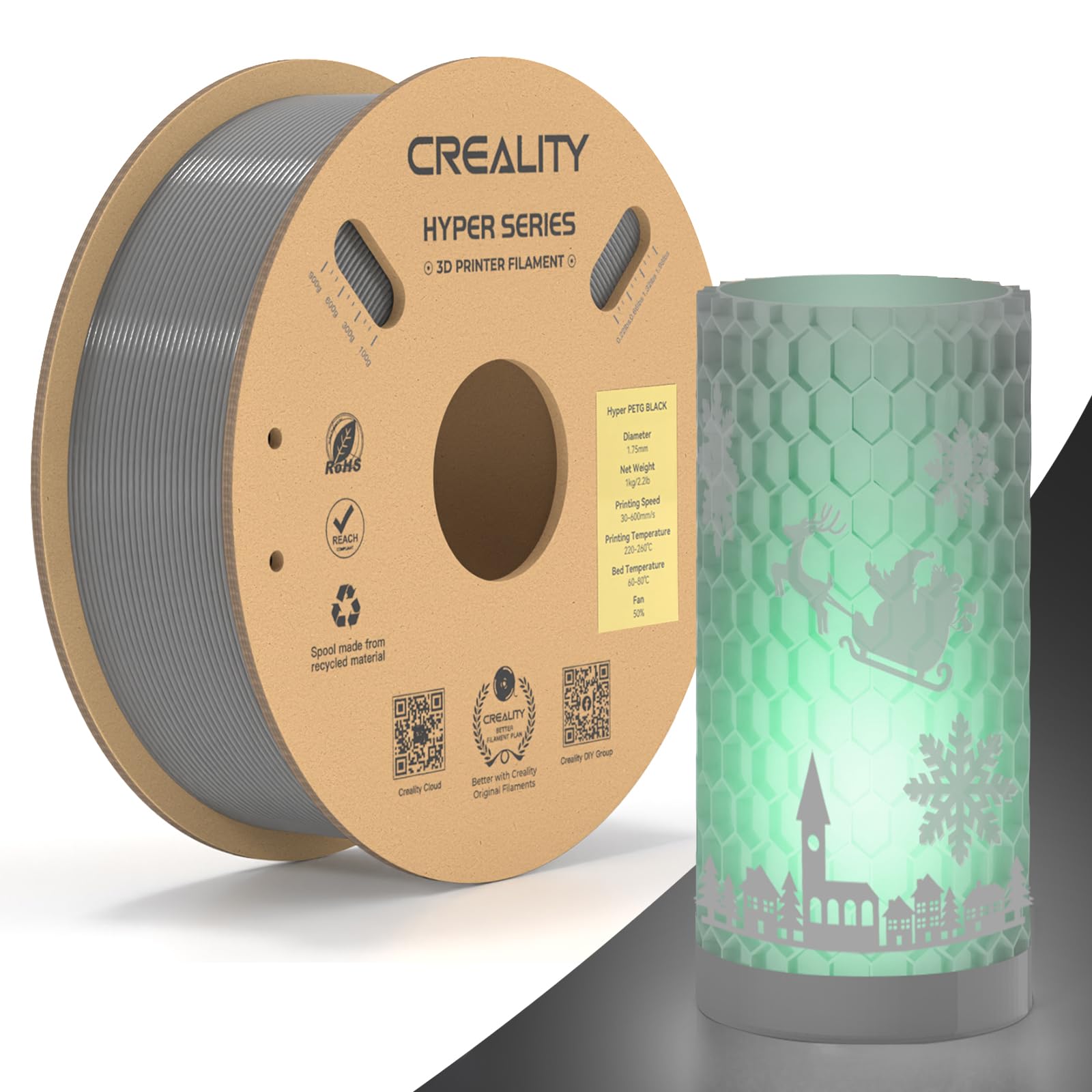 Filamento Creality Hyper PETG, Filamento Grigio 1,75 mm Hyper PETG 1KG, Filamento per Stampante 3D PETG Precisione Dimensionale +/- 0,03 mm, Adatto Alla Maggior parte Delle Stampanti 3D