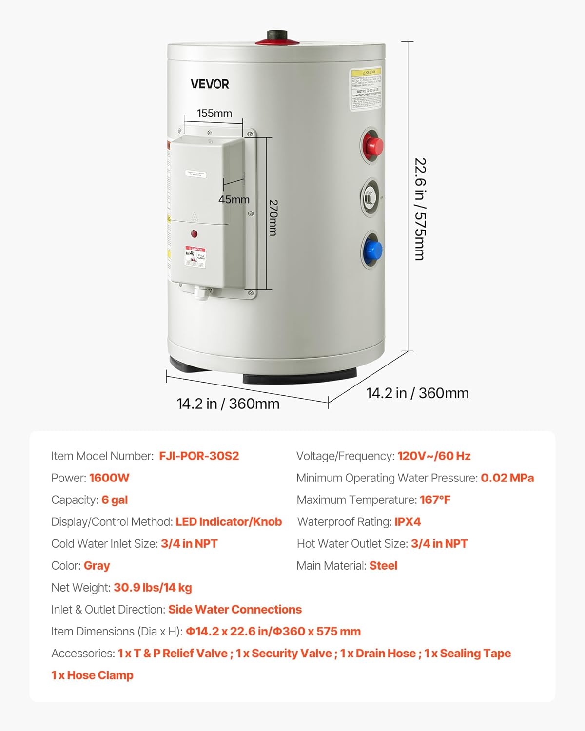 VEVOR Electric Tank Water Heater, 6 Gallon, 1600W Point-of-Use Hot Water Heater with LED Display, Knob Control, Top Outlet, 120V Storage Design with T&P Valve for Studio Apartments, RVs, Gray