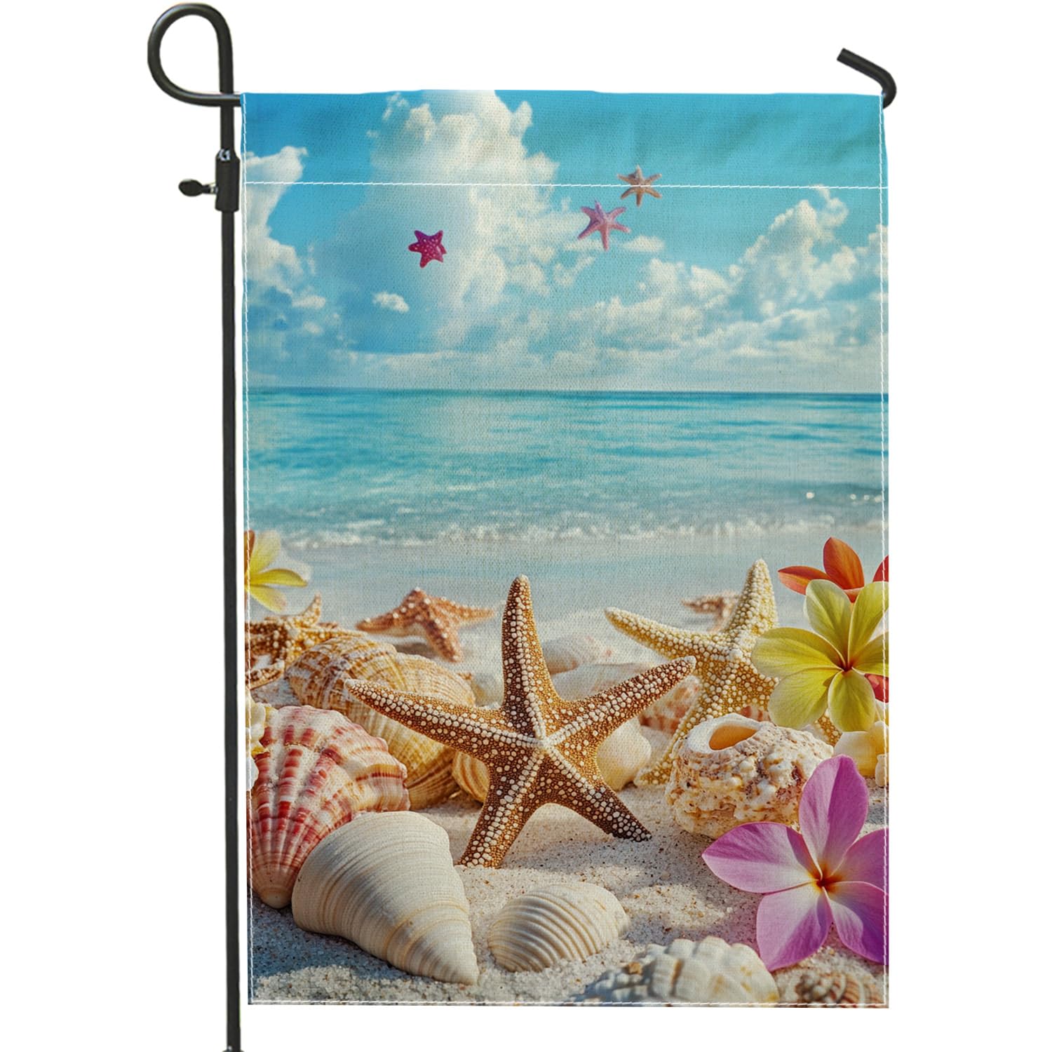 Beach Themed Garden Flag, Colorful Seashells Starfish Floral Home Decor Garden Flags, Double Sided Burlap Yard Flag Patio Outdoor Decoration 12x18 Inch
