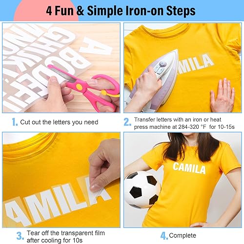 Miniatura 5 de 24 hojas de 1056 letras termoadhesivas para ropa parches de vinilo de transferencia de calor de 2 pulgadas 6 colores calcomanías de alfabeto de