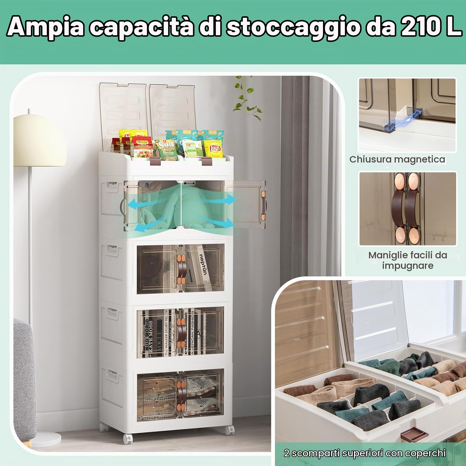 KOMFOTTEU Scatola di Stoccaggio Impilabile, Contenitore Pieghevole con Coperchi e Ruote, Scatola Organizzatore in Plastica Trasparente, per Camera da Letto, Soggiorno, 54,5 x 34,5 x 132 cm (4 Livelli)
