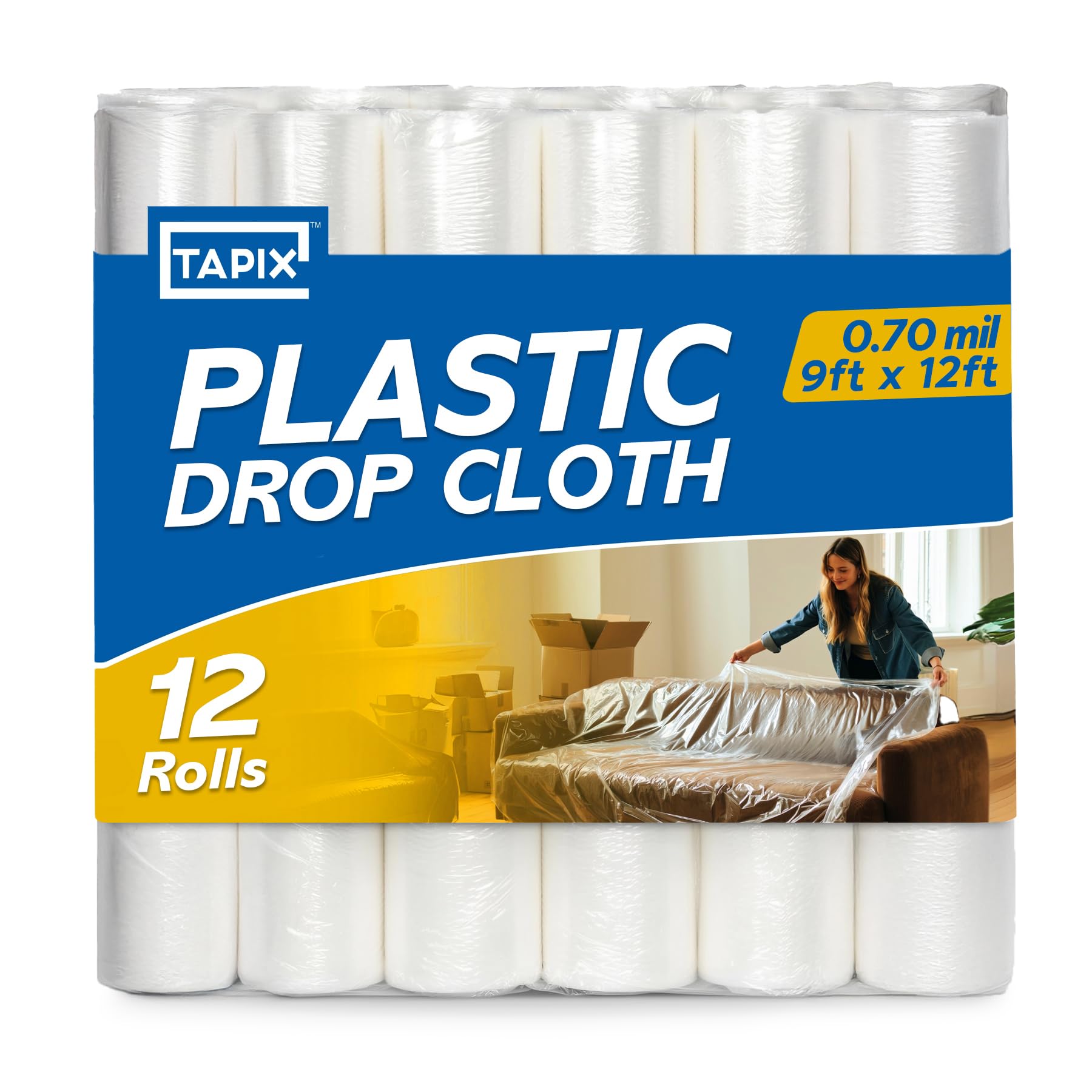 Painters Plastic Drop Cloth (12 Pack), 9x12 Feet, Plastic Tarp Dust Cover, Plastic Covers for Furniture, Plastic Drop Cloth for Painting, Painting Tarp