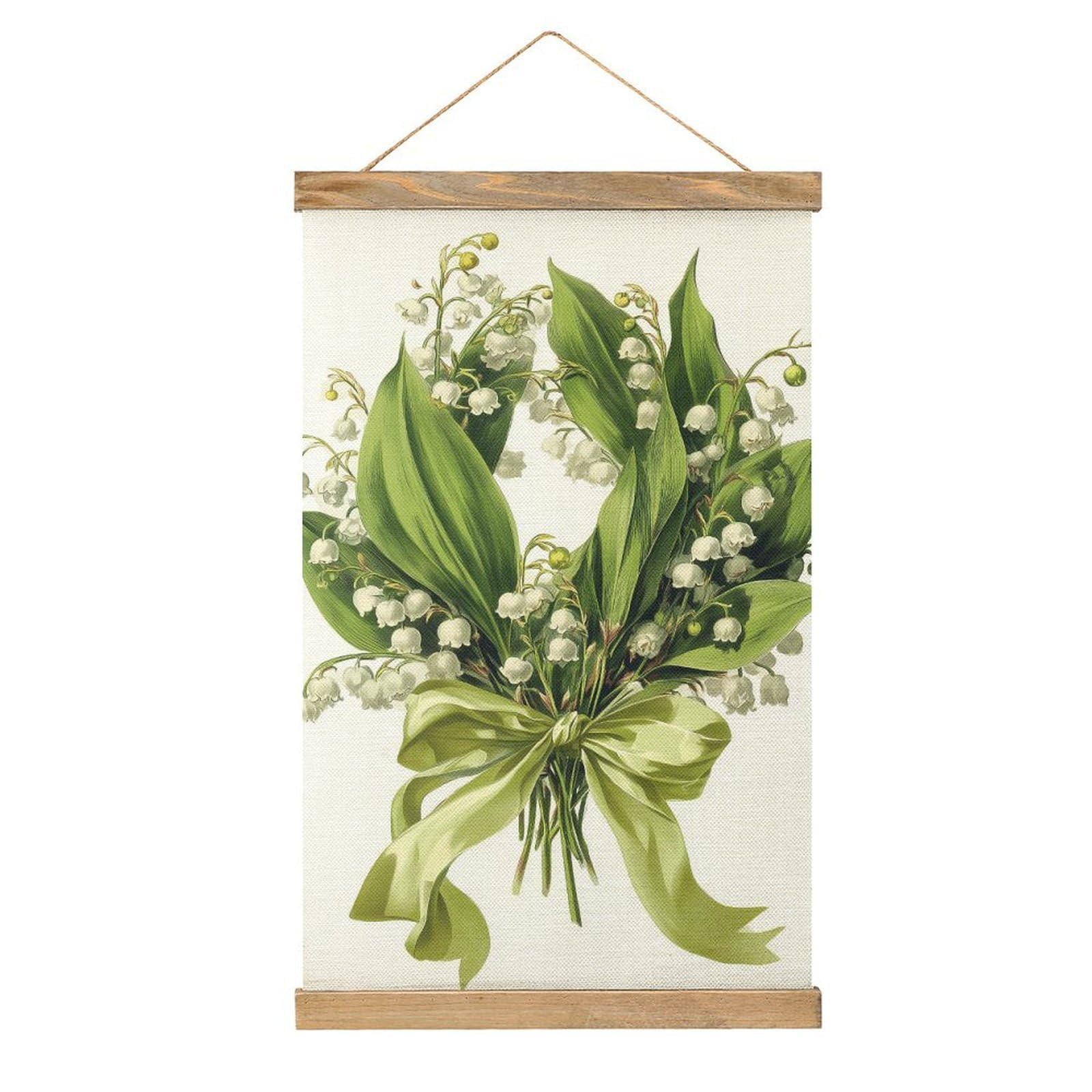 Jubonexis Lily of The Valley Wreath with Green Ribbon Canvas Painting Wood Frames Poster Hanger Hanging Picture Kit Wall Art