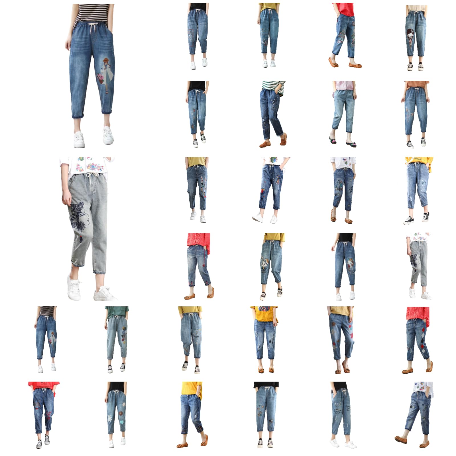 HOOUDOWomens Ripped Cropped Jeans Drawstring Elasticated Waist Straight Leg Denim Trousers Embroidery Casual Capri Pants Summer Boyfriend 3/4 Shorts Jogger Gym Running Sweatpants for Teen Girls