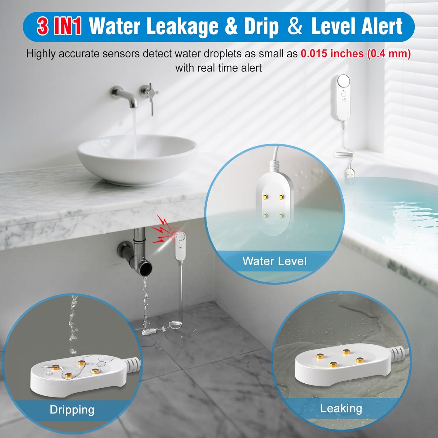 DAYTECH Water Leak Detector showing detection of dripping, leaking, and water level