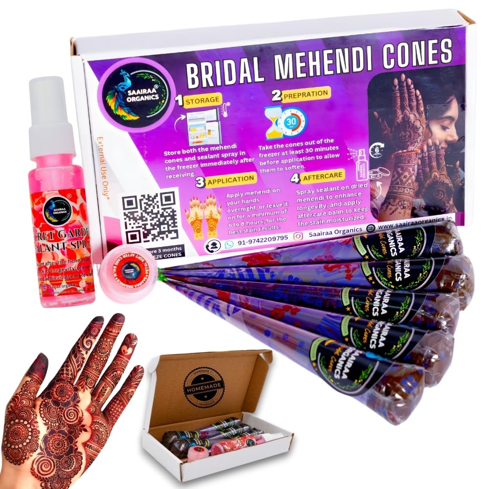Saairaa Organics Bridal Mehndi Cones (5pcs in 1 box) + Free Aftercare Balm & Sealant Spray-picture-21