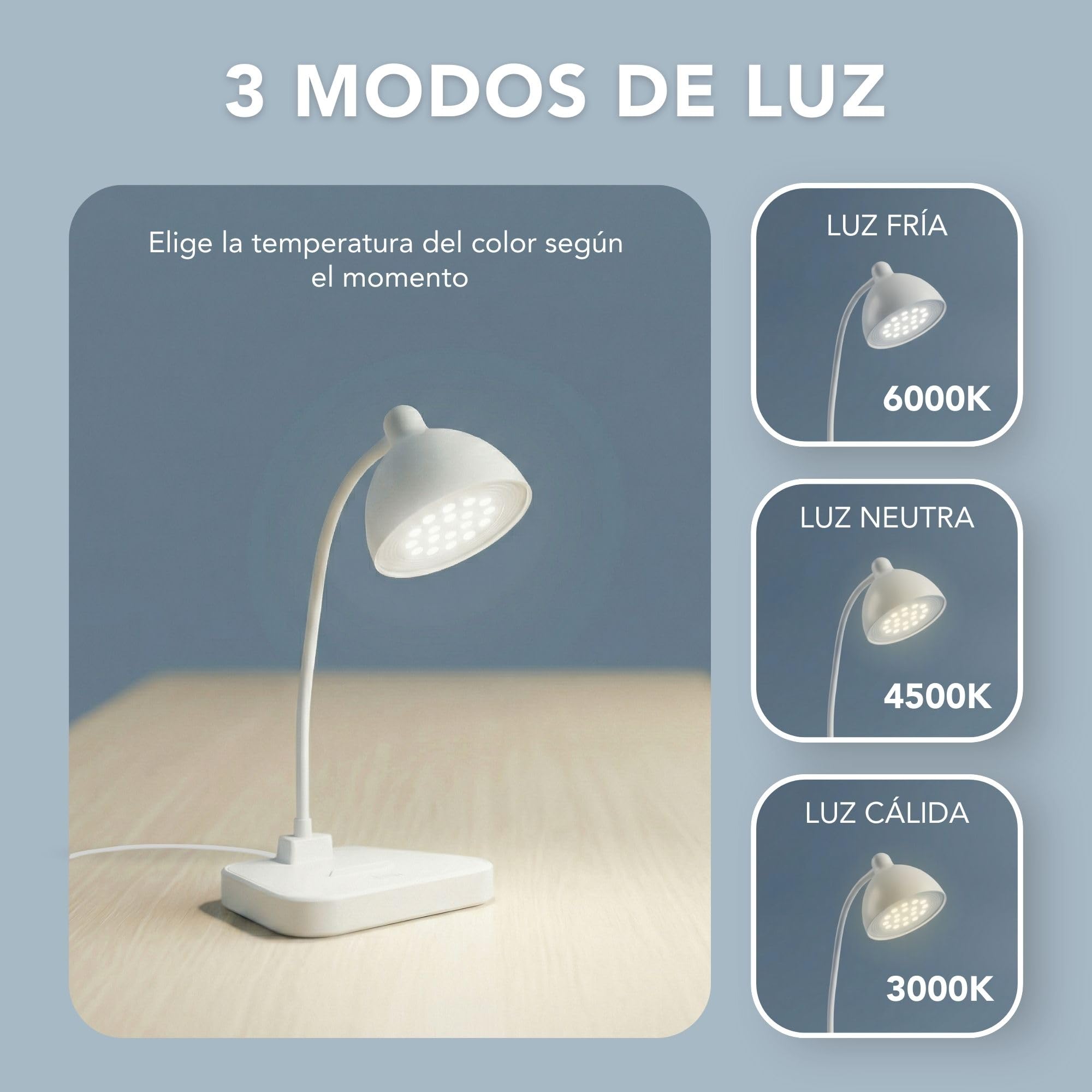 Flexo LED de Escritorio Antifatiga Ocular, Nivel de Brillo Regulable, Cuello de Cisne Flexible, Proteccion de los Ojos.