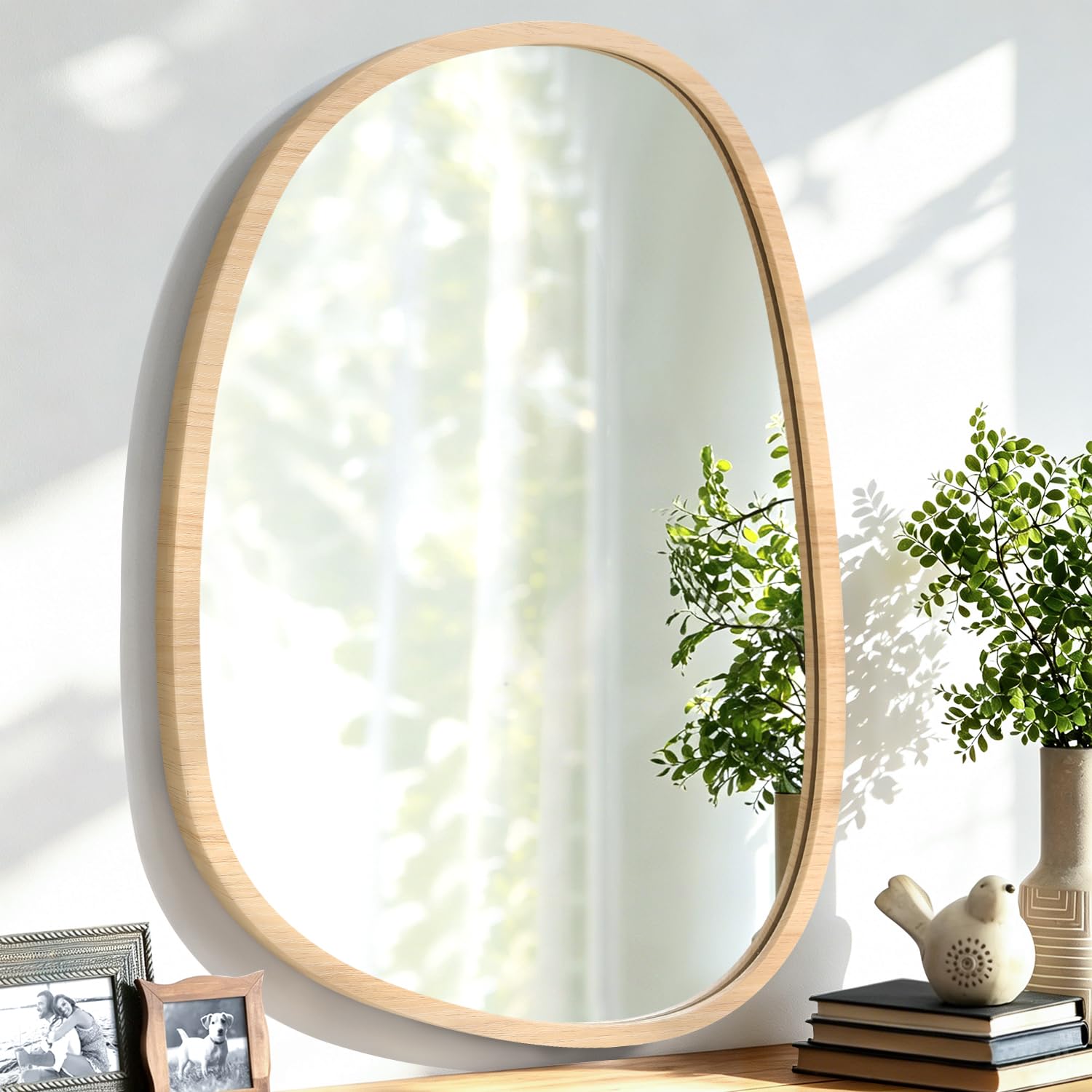 Lzuso Asymmetrical Wall Mirror Irregular Wood Frame Mirror Modern Unique Shape Wall Mirror Decorative Vanity Living Room Bathroom Bedroom Entryway Hallway Artistic Mirror Small 25 x 35 cm