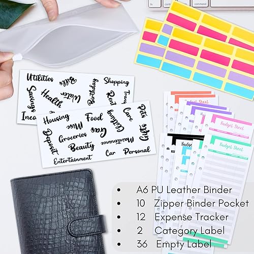 Miniatura 4 de Carpeta de presupuesto con sobres con cremallera, libro de presupuesto con sobres de efectivo, carpeta A6 de piel sintética de alta calidad con