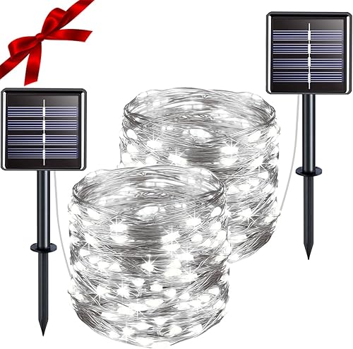 suddus Guirnalda de luces solares impermeables para exteriores, paquete de 2 unidades de 100 luces LED solares parpadeantes de 33 pies, 8 modos,