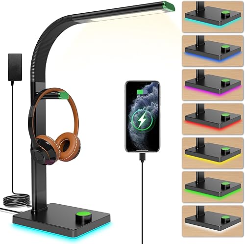 Lámpara de escritorio LED con luz que cuida los ojos, puertos USB, 7 modos de color, cuello de cisne flexible y soporte para auriculares para disponible en Yaxa Colombia