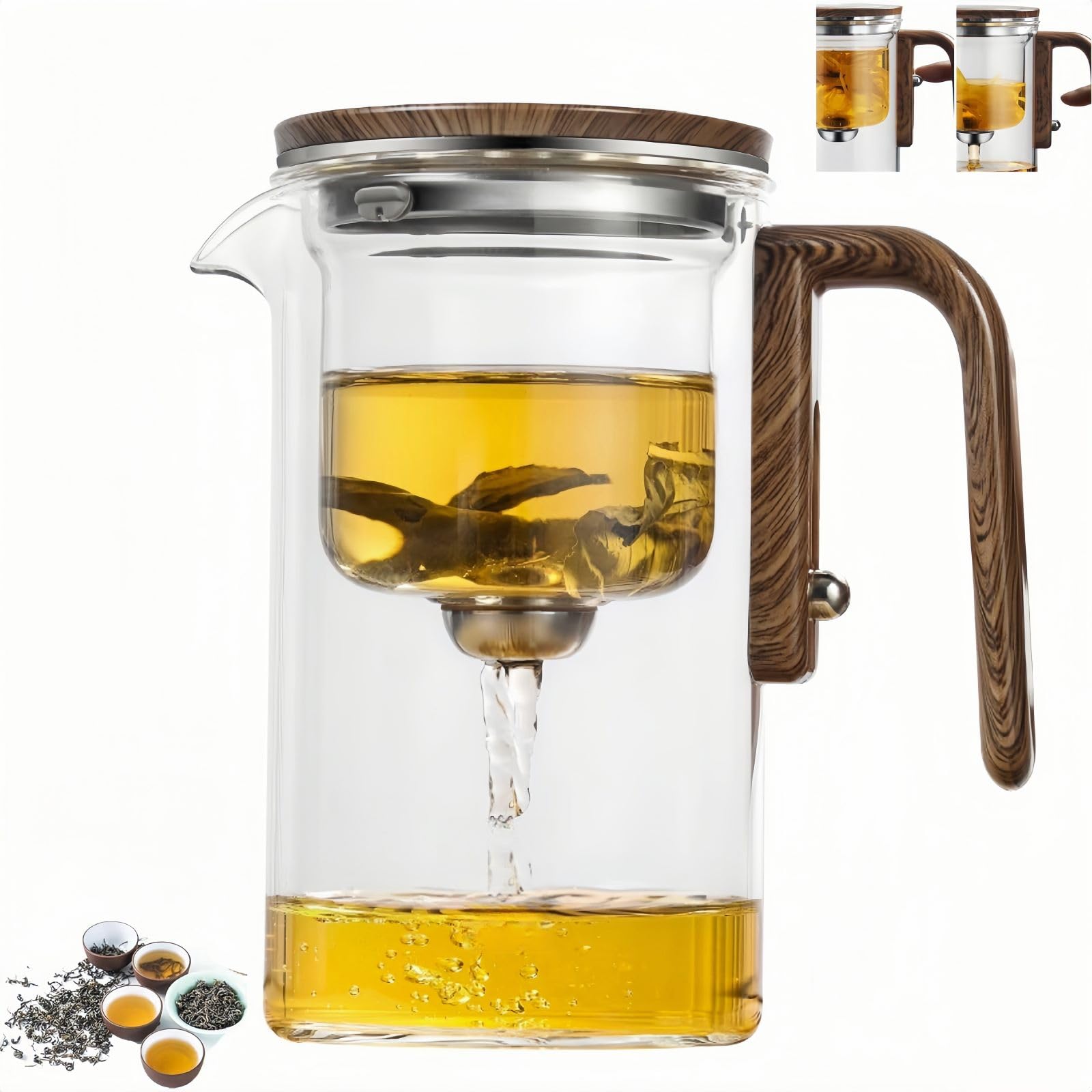 ThéIèRe En Verre Avec SéParation D'Eau Et Manche En Bois, ThéIèRe En Verre Avec Infuseur à Pression, ThéIèRe En Verre Transparent, Pour Thé En Fleurs Et Thé En Feuilles (700ML)