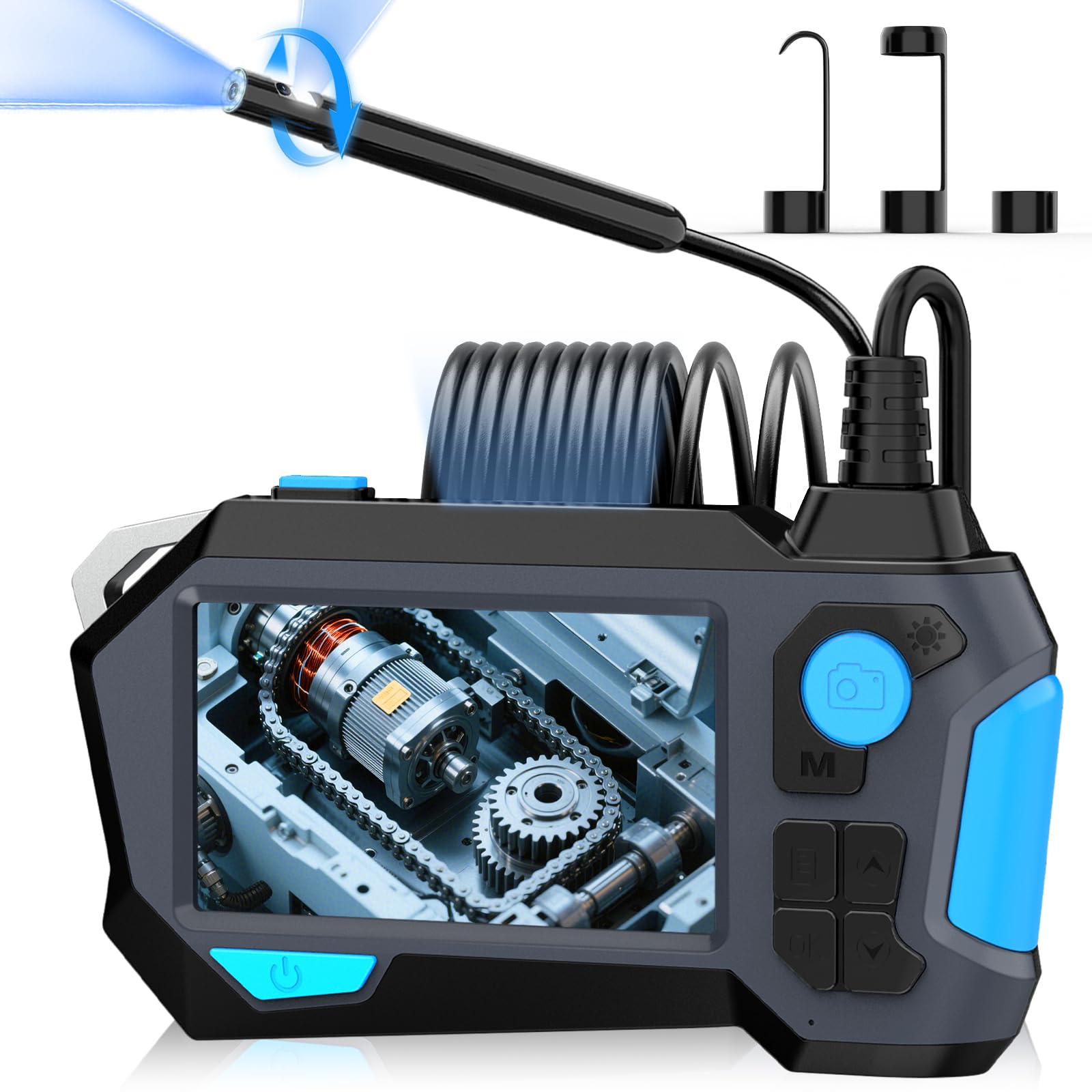 Endoscopio Camara de inspeccion 1920P HD, Doble Lente y rotación 720°, Cámara Endoscópica con Pantalla IPS de 4,5 Pulgadas y IP68, 8+1LED (2M)
