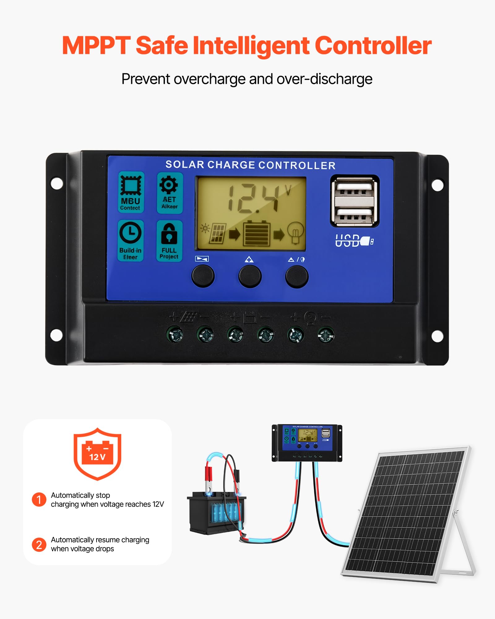 VEVOR Caricabatteria Solare 25 W 12 V, Pannello Solare Monocristallino Regolatore MPPT da Esterno, Staffa di Montaggio Regolabile, Impermeabile IP67, Kit Caricabatteria Solare per Auto Barche Camper